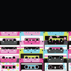 Vibrant Border Retro Cassette Tape Pattern Background with Neon Synthwave Aesthetic Design