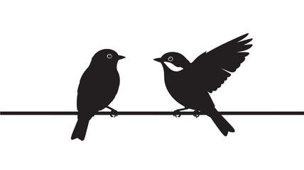 Fototapeta premium Two birds on a wire Black silhouette illustration Simple minimalist design Isolated on white background