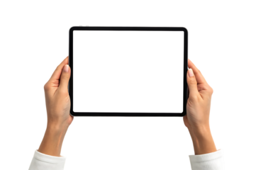 Woman holding a tablet computer with blank screen isolated on transparent background