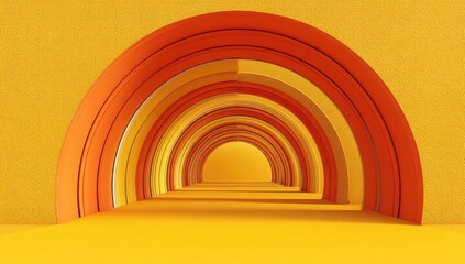 A vibrant, colorful tunnel of arches, featuring a dynamic interplay of orange and yellow hues, creates a visually striking and inviting perspective.