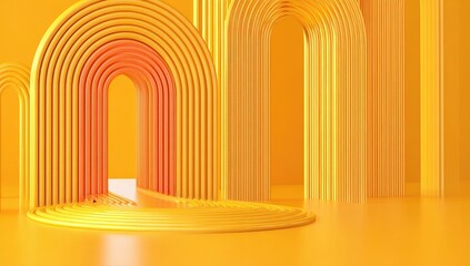 A vibrant, stylized archway structure in a warm yellow and orange color scheme creates a dynamic presentation space.
