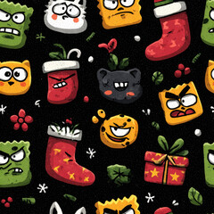 Angry Christmas Character Seamless Pattern with Socks and Gifts, Dark Holiday Theme