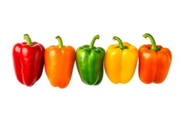 Five bell peppers of different colors isolated on transparent background