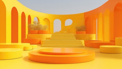 Vibrant yellow and orange architectural display featuring geometric shapes and tiered podiums.