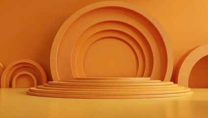 A geometric orange stage design with tiered circles and arches creates a modern and eye-catching presentation platform.
