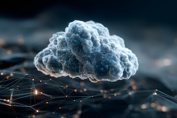 3D rendering of a digital glowing cloud with a padlock icon on an abstract background, symbolizing data security and protection in the virtual computer world. Cloud storage concept for cyber money tra