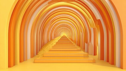 A vibrant, arching tunnel of golden-orange hues leads onward, showcasing a series of ascending steps, creating a dynamic and optimistic interior design.
