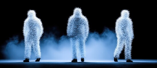 Three figures in light-blue, detailed, fluffy suits, standing in a dark, smoky setting, showcasing a futuristic, ethereal mood.