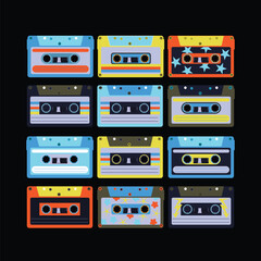 Colorful Retro Cassette Tape Pattern with Vintage Pop Neon Aesthetic Design