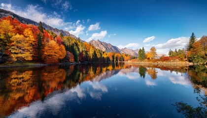 Fototapeta premium Capturing Autumn Beauty By The Lake With Vibrant Foliage Reflecting On The Water