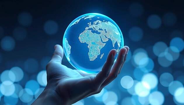 Hand Holding Glowing Earth Globe on a Blue Bokeh Background. Global network, technology, and business concept for international communication, data exchange, and worldwide connections. - Powered by Adobe