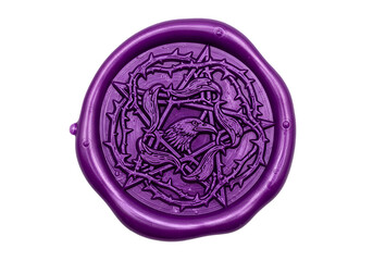 Fototapeta premium A stylized, intricate purple seal design features a raven emblem encircled by thorny vines and a starburst pattern.