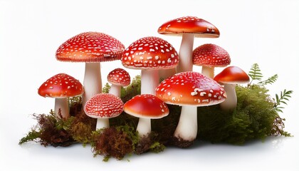 Obraz premium A Cluster Of Red Capped White Dotted Wild Mushrooms Isolated On White Background Suggesting Natural Growth