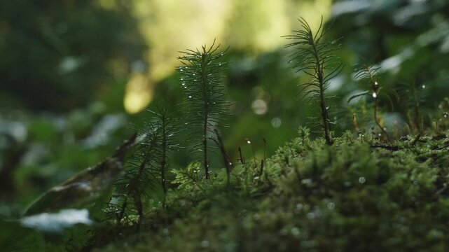 Fallen tree with new pine sprouts by sparkling river on early sunny morning