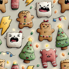 Festive Grumpy Characters Pattern, Holiday Gingerbread & Angry Monsters Design