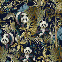 Seamless Jungle Panda Pattern Featuring Tropical Foliage and Exotic Wildlife Illustration Art