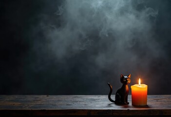 Black cat figurine with a glowing candle on a dark wooden table against a black smoky background with mist and copy space, ideal for Halloween decor, ads, seasonal promotions, invitations, cards, apps