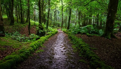 A Pathway Through A Lush Mossy Forest After A Rain Fresh Green Leaves Rest On Damp Earth