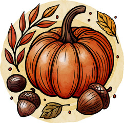 Watercolor style illustration of autumn composition with pumpkin, acorns, and colorful fall leaves. Cozy rustic seasonal design perfect for Thanksgiving, harvest celebration, autumn decorations