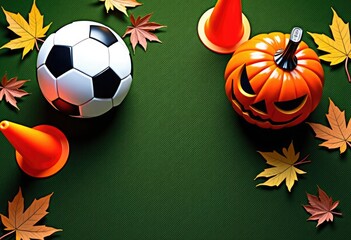Top view of Halloween football scene with carved pumpkin lantern, autumn leaves, orange cones and black-and-white soccer ball on green grass, ideal for sports ads, festive banners, seasonal marketing.