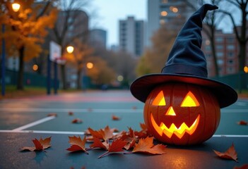 Glowing carved pumpkin in a witch hat with autumn leaves on an urban basketball court background with copy space, ideal for Halloween ads, party invites, creative marketing designs, event posters, app