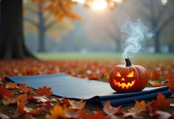 Black yoga mat on autumn leaves with a glowing carved pumpkin in a park setting and copy space, ideal for wellness blogs, seasonal fitness promos, Halloween event ads, lifestyle marketing campaigns. 