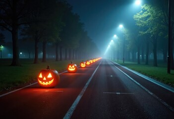 Empty running track in a park at night illuminated by street lamps with fog and glowing carved pumpkins along the path with copy space, ideal for Halloween fitness ads, seasonal promos, social media 