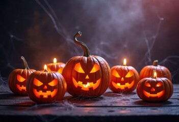 Carved pumpkins with lit candles inside on an old dark wooden table with light mist, smoke and cobwebs against a dark background with copy space, ideal for Halloween ads, party invitations, covers