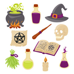 Flat style Halloween illustration set with witch cauldron, potions, spell book, broom, witch hat, skull, candle, herbs, and pentagram scroll. Magical collection perfect for Halloween design