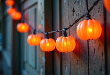 Close-up of a garland with small pumpkin-shaped lanterns decorating an old wooden door with peeling paint in evening light and copy space, ideal for Halloween decor, seasonal ads, marketing campaigns.