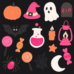 Cute flat style Halloween illustration set with pumpkin, witch hat, ghost, bat, spider, cobweb, candies, lollipops, lantern, candle, potion bottle. Fun and colorful collection