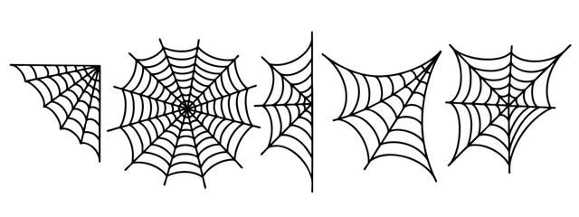 Set of spider webs in black outline style, different shapes of cobwebs isolated on white background, Halloween decoration elements, spooky and creepy illustration perfect for seasonal design and party