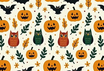 Seamless Halloween pattern in Scandinavian style with pumpkins, jack-o-lanterns, bats, owls, leaves and stars in warm cozy palette. Ideal for design, textile, wallpaper, packaging, branding projects. 