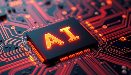 Futuristic AI Microchip on a Glowing Red Circuit Board, 3D Render for Cybersecurity and Robotics2