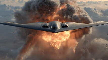 B-2 bomber executing strike operation during a dramatic explosion in the sky at sunset