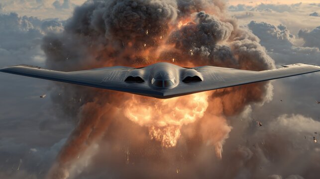 B-2 bomber executing strike operation during a dramatic explosion in the sky at sunset