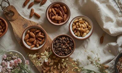 Obraz premium Healthy Nuts and Seeds in Rustic Bowls