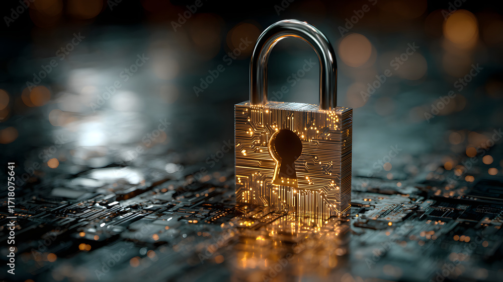 Poster cyber security concept featuring illuminated padlock with circuit board design for protection