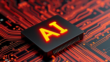  Futuristic AI Microchip on a Glowing Red Circuit Board, 3D Render for Cybersecurity and Robotics1