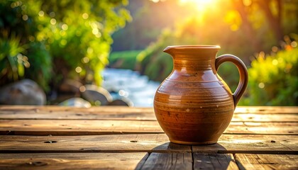 clay jug on wooden table