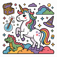 Cartoon Fantasy Unicorn and Dragon Vector Illustration Set