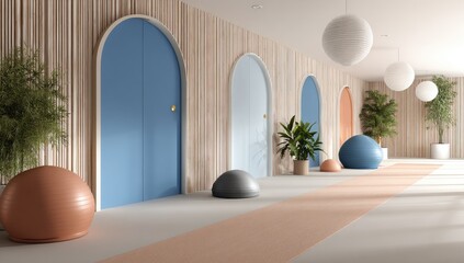 A serene, light-filled hallway with pastel-colored arched doorways and exercise balls, featuring a warm, inviting atmosphere.