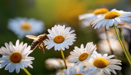 close up of a bee in flight near white daisies