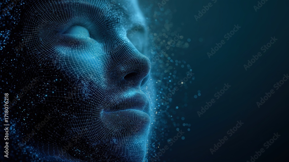 Poster a digital representation of a human face composed of intricate, glowing particles against a dark bac
