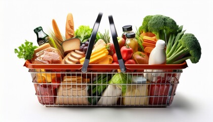 a shopping basket filled with a variety of groceries and food items inside it on white background