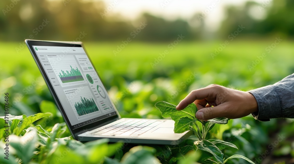 Poster a hand interacting with a plant while a laptop displays data analytics, symbolizing the fusion of te