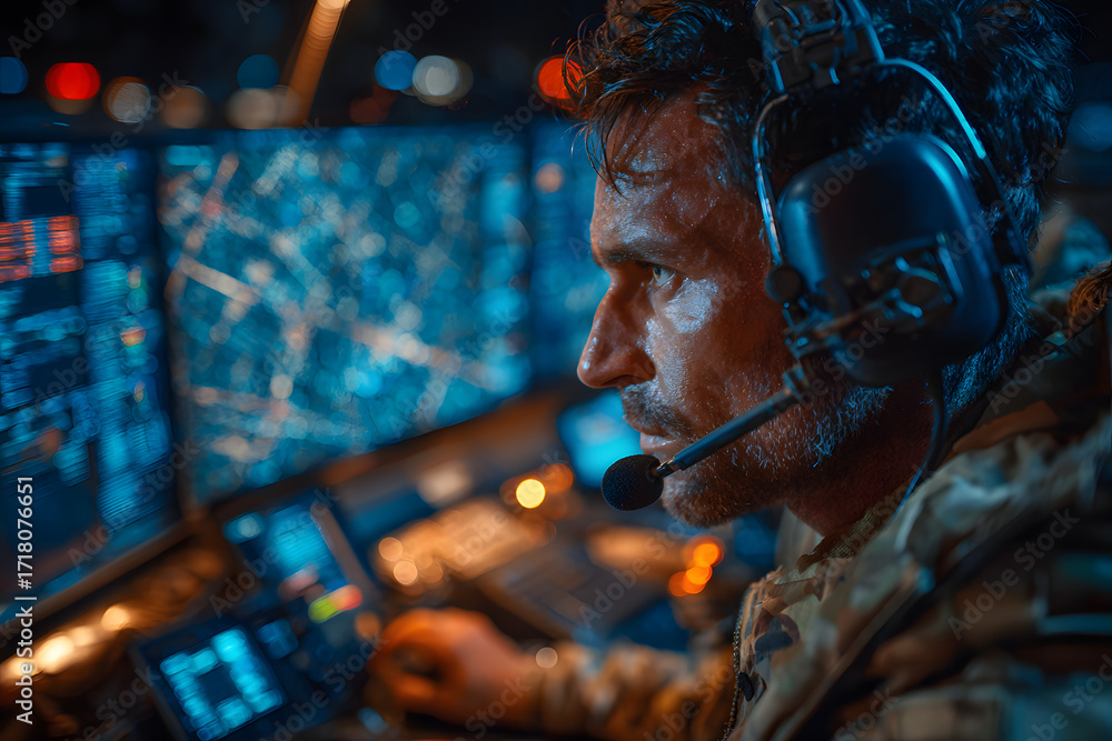 Aufkleber military surveillance officer working on a city tracking operation in a central office hub for cyber