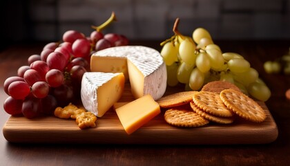close up of a wooden cheese board featuring gourmet cheeses fresh grapes and crunchy crackers on background