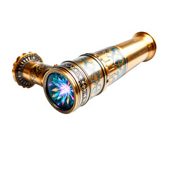 Antique kaleidoscope isolated on a white background. Kaleidoscope: An intricate antique brass kaleidoscope, a tool for creative exploration and wonder, ready to inspire creative thoughts.