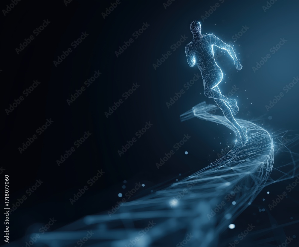 Poster A digital representation of a runner in motion, showcasing a futuristic, glowing design with a trail of light and data particles.